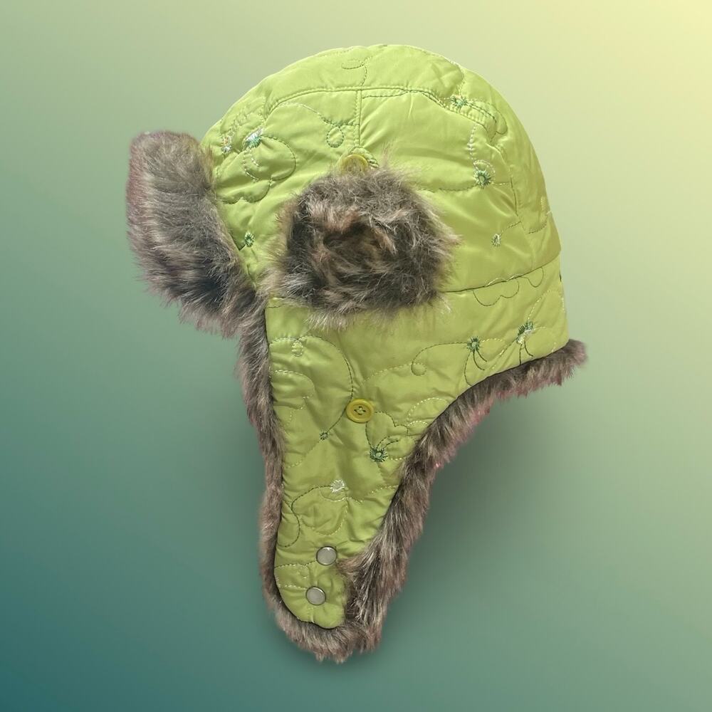 Pistil Green Faux Fur Lined Aviator Trapper Hat Winter Ear Flap Cap Embroidered